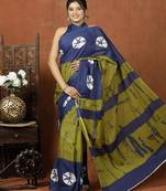   green handblock bagru print cotton saree with blouse piece