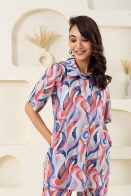 Abstract wave printed pure cotton off white (shirt) 2