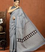   light grey handblock bagru print cotton saree with blouse piece