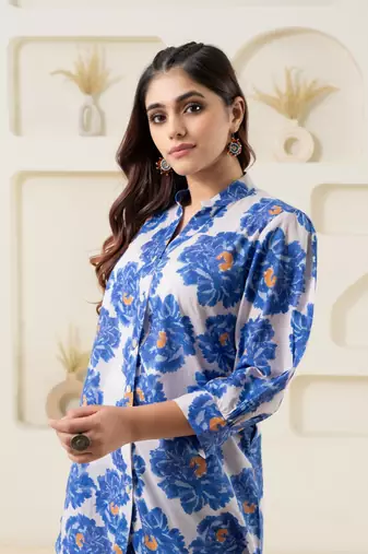 White floral printed pure cotton stand collar (shirt)