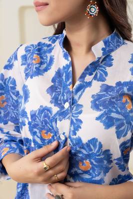 White floral printed pure cotton stand collar (shirt) 3