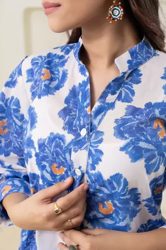 White floral printed pure cotton stand collar (shirt)