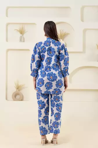 White floral printed pure cotton stand collar (shirt)