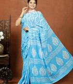   blue handblock bagru print cotton saree with blouse piece