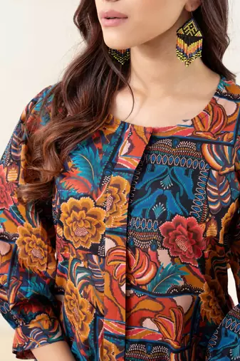 Abstract printed pure cotton shirt with puffed sleeves (shirt)
