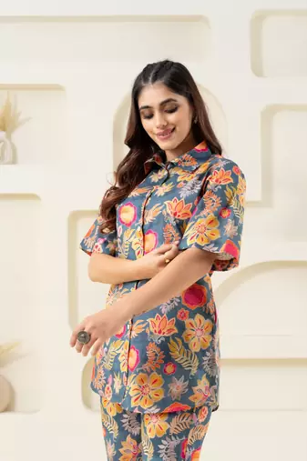 Grey multi color floral pure cotton printed (shirt)