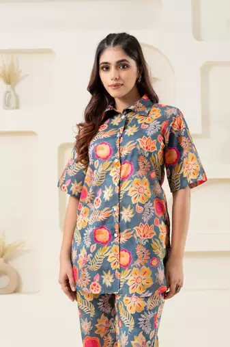 Grey multi color floral pure cotton printed (shirt)