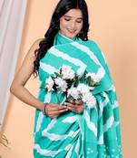   blue handblock bagru print cotton saree with blouse piece
