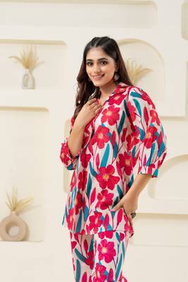 Pink flower printed pure cotton flared top 2