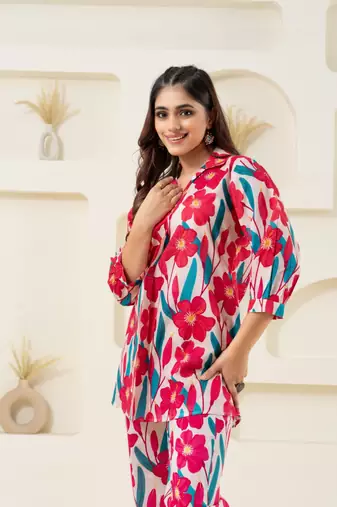 Pink flower printed pure cotton flared top