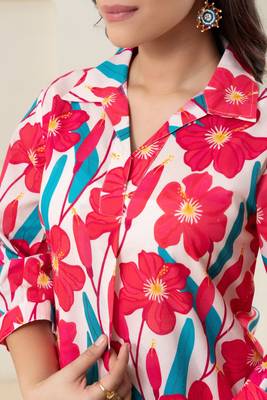 Pink flower printed pure cotton flared top 3