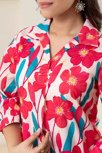 Pink flower printed pure cotton flared top