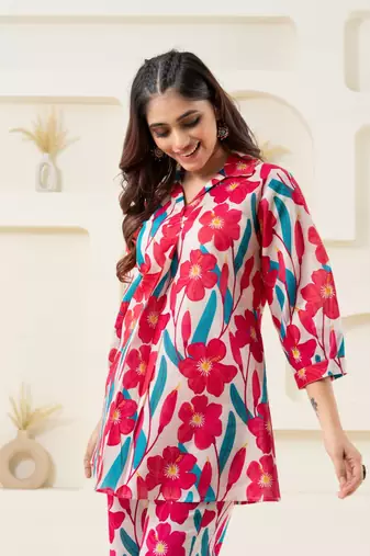 Pink flower printed pure cotton flared top