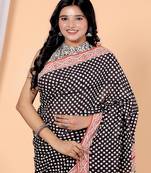   black handblock bagru print cotton saree with blouse piece