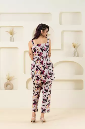 Off white floral printed pure cotton sleevelss top
