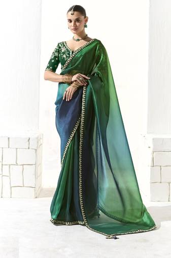 Shaded green & blue glass tissue saree with sequin zari weaving blouse