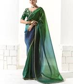 Shaded green & blue glass tissue saree with sequin zari weaving blouse