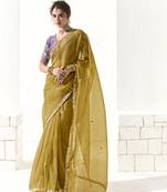 Mustard glass tissue saree with sequin zari weaving blouse