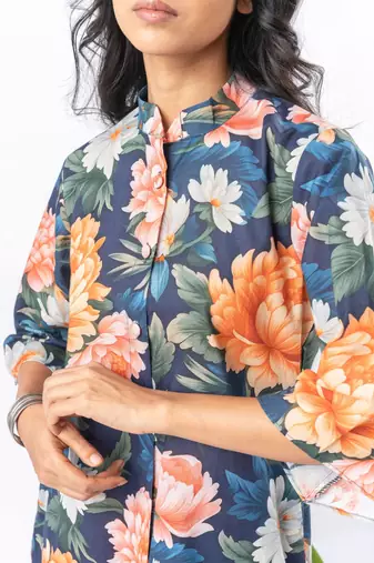 Bold floral half-buttoned cotton printed top