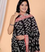   black handblock bagru print cotton saree with blouse piece