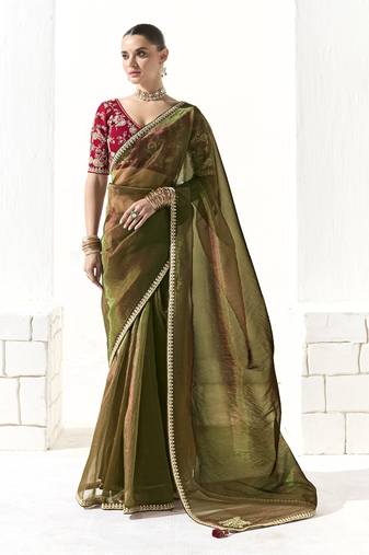 olive glass tissue saree with sequin zari weaving blouse