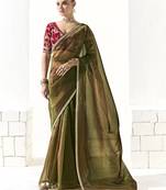 olive glass tissue saree with sequin zari weaving blouse