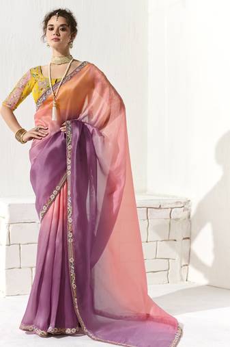 Shaded peach & mouve glass tissue saree with sequin zari weaving blouse