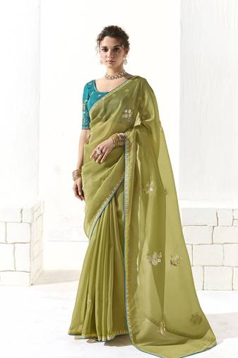 Light olive glass tissue saree with sequin zari weaving blouse