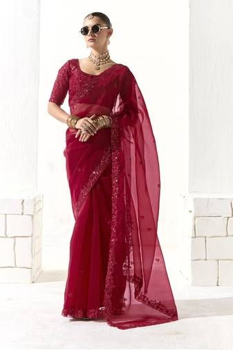 Red glass tissue saree with sequin zari weaving blouse
