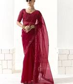 Red glass tissue saree with sequin zari weaving blouse