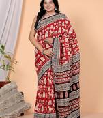   maroon handblock bagru print cotton saree with blouse piece