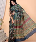   blue handblock bagru print cotton saree with blouse piece