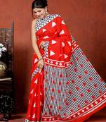   red handblock bagru print cotton saree with blouse piece