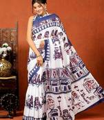 White handblock bagru print cotton saree with blouse piece