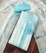 Blue unstitched suit set with floral appliqu   & subtle stripes