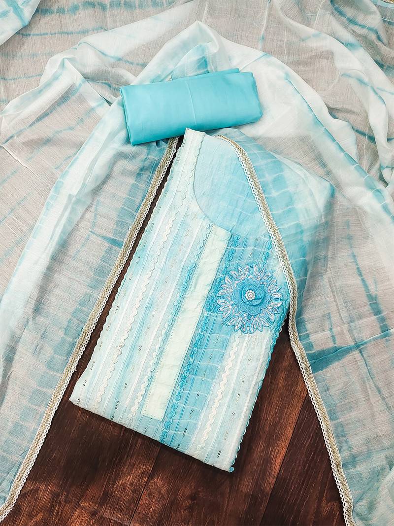 Blue unstitched suit set with floral appliqu   & subtle stripes