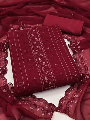 Maroon unstitched suit with pink thread & mirror work embroidery 1