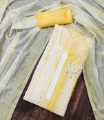 Yellow Yellow unstitched suit set with floral appliqu   & subtle stripes