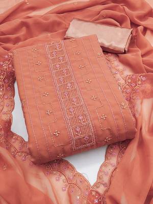 Peach unstitched suit with pink thread & mirror work embroidery 1