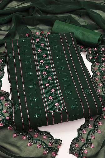 Green unstitched suit with pink thread & mirror work embroidery
