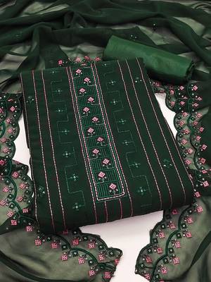 Green unstitched suit with pink thread & mirror work embroidery 1