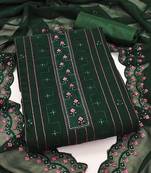 Green unstitched suit with pink thread & mirror work embroidery