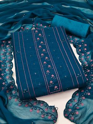 Blue unstitched suit with pink thread & mirror work embroidery 1