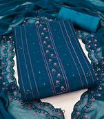Blue unstitched suit with pink thread & mirror work embroidery