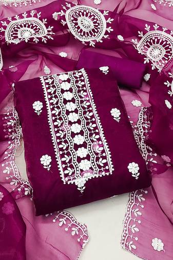 unstitched dress material with white floral embroidery & organza dupatta