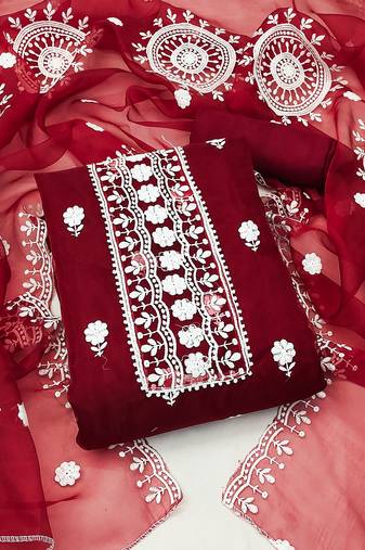 unstitched dress material with white floral embroidery & organza dupatta