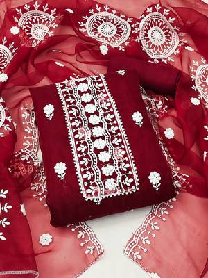 unstitched dress material with white floral embroidery & organza dupatta 1