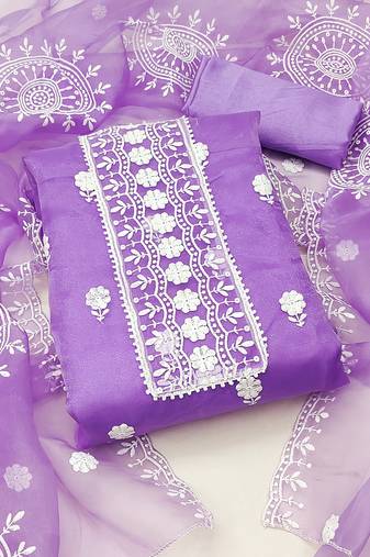 unstitched dress material with white floral embroidery & organza dupatta