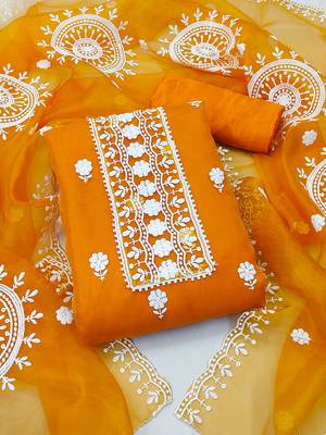 unstitched dress material with white floral embroidery & organza dupatta 1
