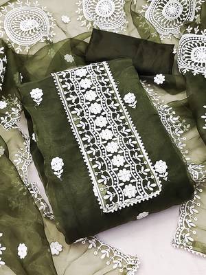 unstitched dress material with white floral embroidery & organza dupatta 1